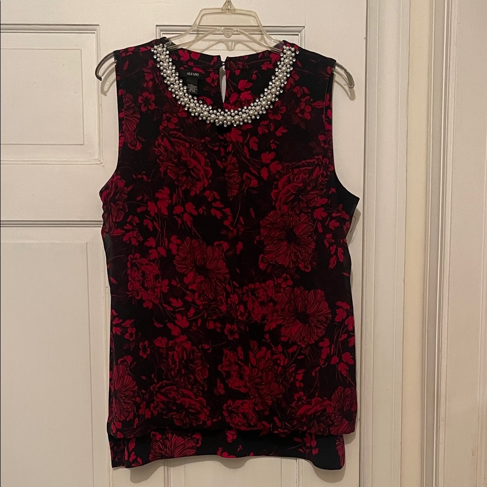 Alfani Sleeveless Floral Blouse w/ Pearl Neckline | Red & Black Dressy Top